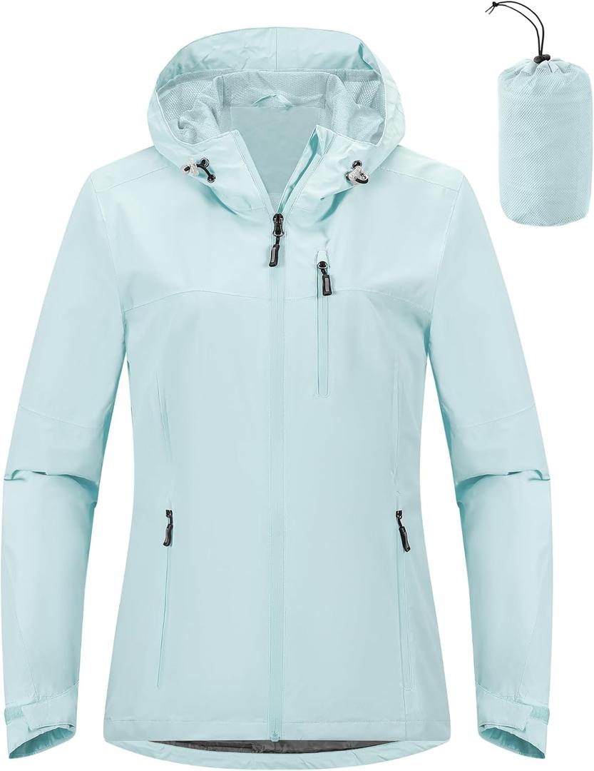 Outdoor Ventures Packable Rain Jacket Women Lightweight Waterproof Raincoat with Hood Cycling Bike Jacket (XX-Large, Mint Blue)