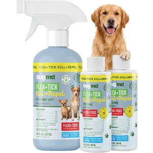 BugMD Flea and Tick Spray for Dogs and Cats Kills & Repels on Contact Plant-Powered Flea Treatment for Home, Furniture & Carpet | Makes 32 oz, Exp:  04/13/2029