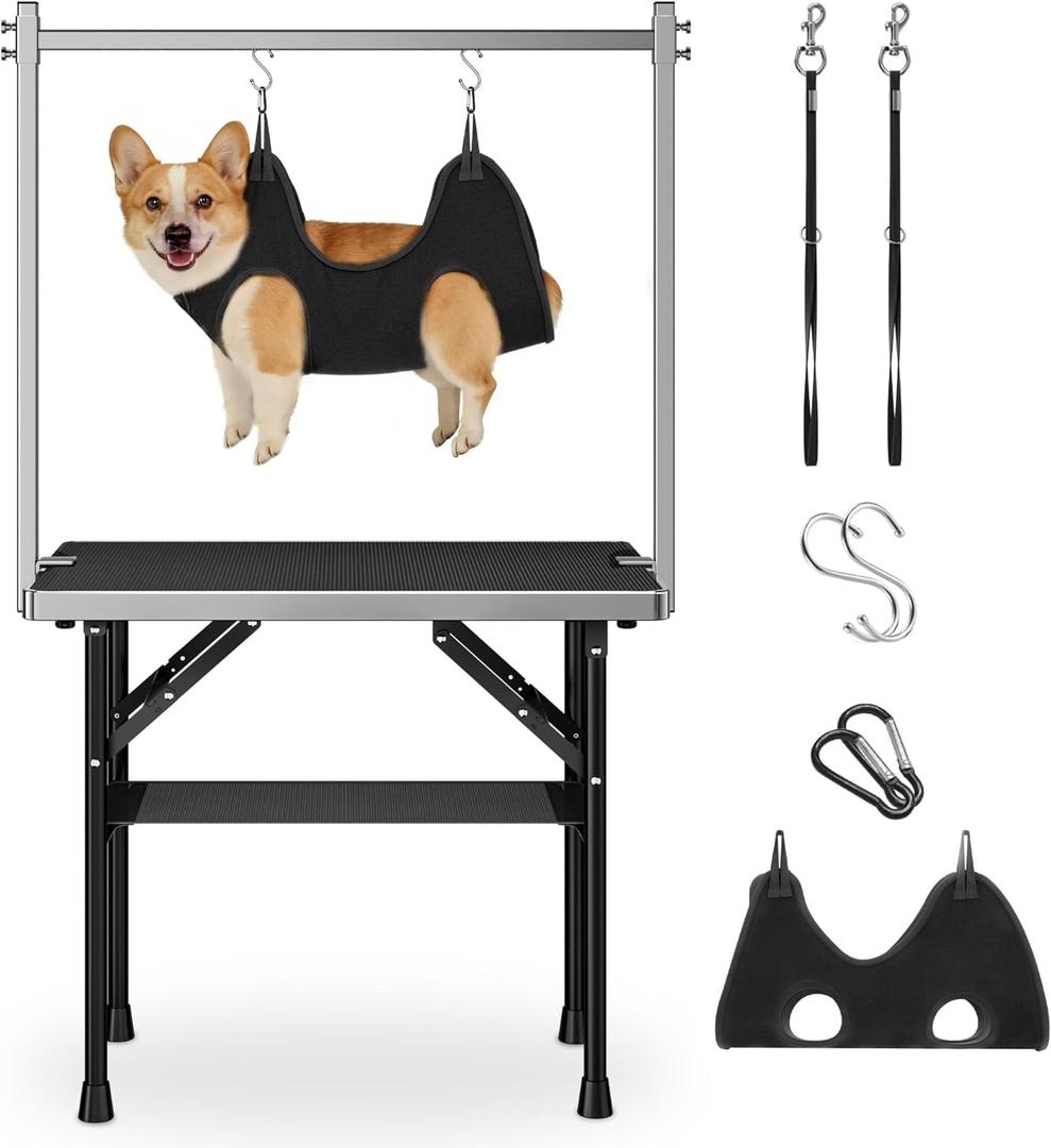 niffgaff Dog Grooming Table with Arm, Hammock & Nooses, 30" H Foldable Heavy Duty Pet Grooming Station, 35.5" L23.6" W Non-Slip Waterproof Tabletop, 33.5" Height Adjustable Stainless H-Frame Arm