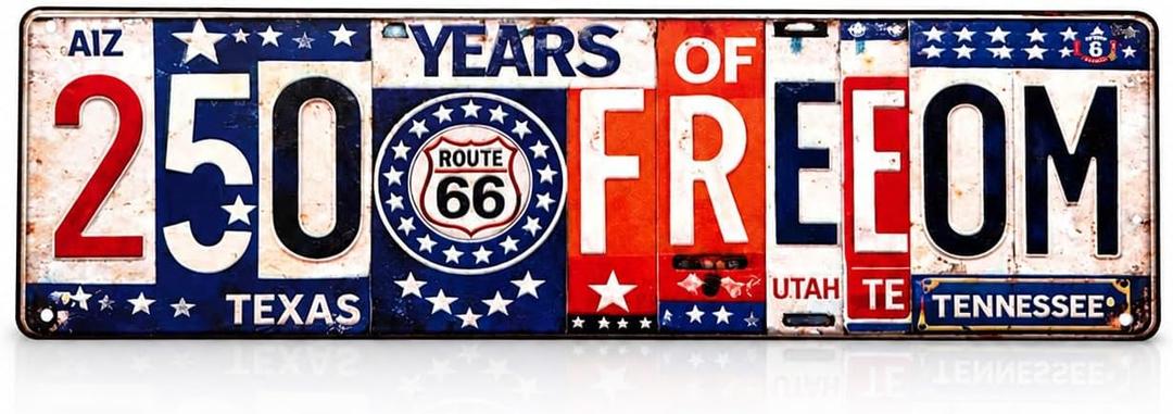 2 x 250 Years of Freedom Metal Tin Sign 17762026 Patriotic Wall Decor, Vintage American Flag Street Sign Plaque for Home Bar Kitchen Garage, Iron Wall Art 16 x 4 Inches