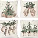 PANDICORN Christmas Pillow Covers 20x20 Set of 4 Christmas Tree Gloves Neutral Christmas Decor Outdoor Xmas Winter Holiday Beige Decorative Throw Pillow Case Home Decorations for Living Room Couch