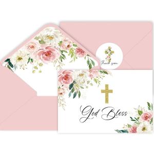 48 Pack Christian Thank You Cards, Watercolor Pink Floral Cross Baptism Thank You Cards with Envelopes & Stickers, First Communion & Religious Occasions