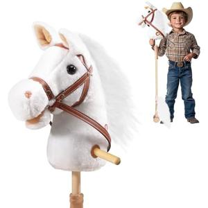 PLYFOU Plush Stick Horse with Wood Wheels Real Pony Neighing and Galloping Sounds Plush Toy, Stick Pony Provides Fun Pretend Play for Toddlers & Preschoolers (AA Batteries Required)