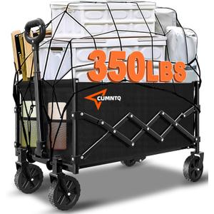 Collapsible Folding Wagon, 350lb Weight Capacity Collapsible Wagon with All-Terrain Wheels, Cup Holders and Adjustable Handle Utility Wagon, for Grocery Camping Garden Sports Shopping, Black (100L)