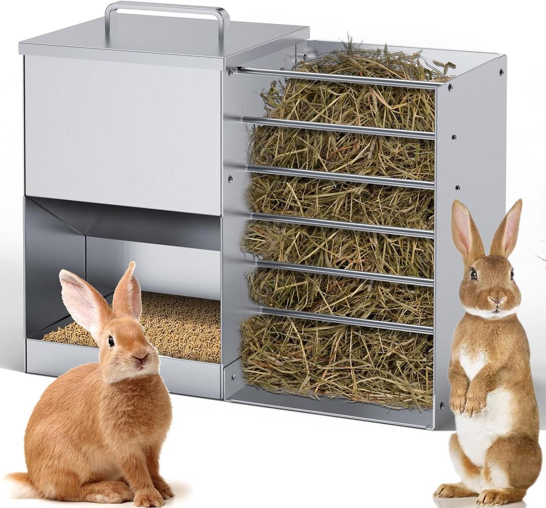 Automatic Rabbit Feeders for Cage Hay Feeder 4.5L Bunny Feeder Stainless Steel Rabbit Food Dispenser for Guinea Pig Squirrel Small Animals Trough