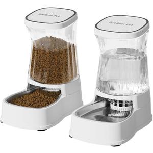 Automatic Pets Gravity Feeder and Water Dispenser Set, 1Gallon x 2 Stainless Steel Food Feeder and Waterer, 100% BPA-Free Water Bowl Dispenser for Small&Medium Dogs, Cats, Puppies(White)