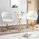 VECELO Velvet Accent Chair Set of 2,Vanity Chair with Gold Base Embrased Backrest,Home Desk Chair Sofa Armchair with 360Wheels Adjustable Height for Bedroom Living Room,Pearl White