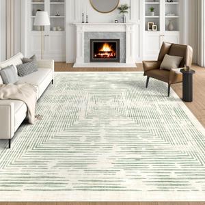 BLISSA Large Washable Area Rugs 9x12 - Soft Sage Green Lines Borderd Modern Abstract Rug for Living Room Ultra-Thin Geometric Striped Carpet for Bedroom Nursery Dining Room Office Home Decor