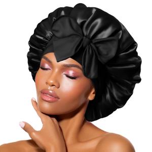 Bonnet Queen Silk Bonnet for Sleeping Women, Satin Hair Bonnet with Adjustable Tie Band, Double Layer Sleep Cap that Stays On Overnight for Curly Hair, Braids, Wigs and Natural Hair, Medium Black