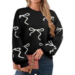 UNIQUEONE Oversized Bow Sweater Y2K Crew Neck Drop Shoulder Long Sleeve Knit Pullover Tops Fall Outfits Trendy (X-Large, Black)