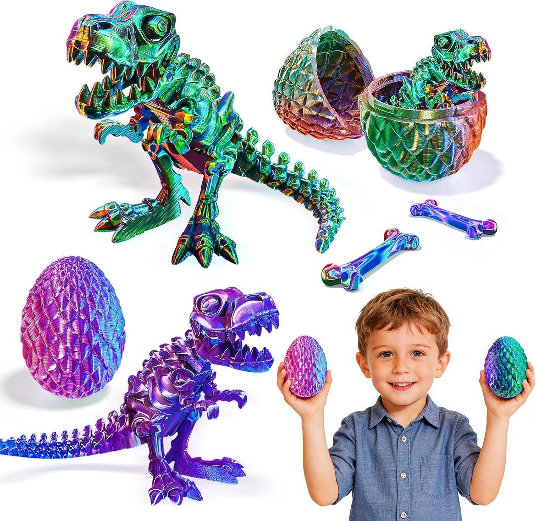 2 Packs Easter 3D Printed Dinosaur Toys for Boys 3-5 Years Skeleton T-Rex Figure with Large Storage Crystal Eggs Easter and Birthday Gifts Fidget Toys for 3 4 5 6 7 8 9 10 11 12 Years Old Boys Girls (Green & Purple Dinos)