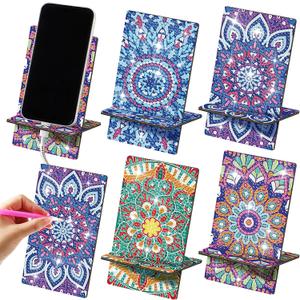 Saillong 4 Pcs Large Mandala Diamond Painting Cell Phone Stand 5.5 Inch DIY Full Drill Crystal Diamond Art Phone Holder Bling Painting Art Craft Kits for Beginner Adult