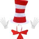 Top Hat Cat Costume Kit Accessory for Adults Red and White Striped Stovepipe Hat Gloves Bow Tie for Halloween Props