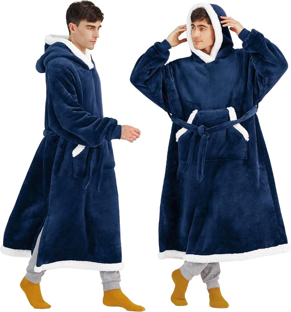 Bedsure Wearable Blanket Hoodie, Long Hooded Blanket Sweatshirt as Fathers Day Birthday Gifts for Dad, Cozy Sherpa Hoodie for Adult, Oversize, Navy