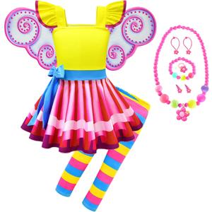 Akokvlar Fancy Fairy Costume for Girls Halloween Dress with Butterfly Wings Leggings (6-7 Years, Yellow)