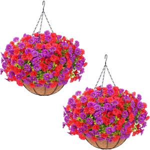 Elyum 2 Pack Artificial Hanging Flowers for Outdoors, Fake Flowers Artificial Petunias Hanging Baskets for Outdoors, UV Resistant Fake Hanging Plants Flowers for Outside Garden Patio Porch Decor (Purple&red)