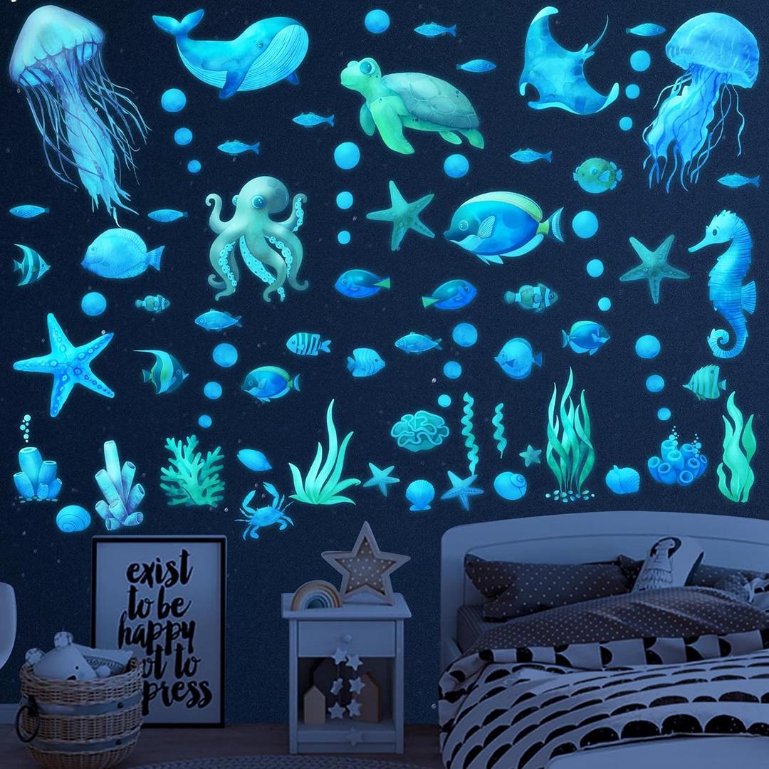 Ocean Fish Wall Decals,Glow in The Dark Under The Sea Wall Decals Sea Life Animals Wall Stickers Removable Waterproof Peel and Stick for Boys Kids Bathroom Watercolor Ocean Creatures Decor(Upgrade) (Sky Blue)