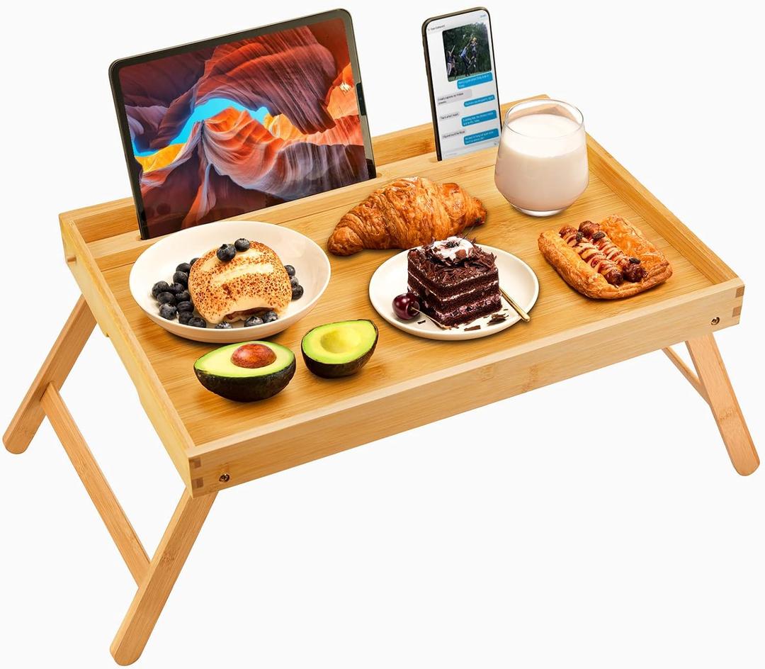 Bamboo Bed Tray Table, Large Breakfast Tray - 21.7x14 Inch with Folding Legs, Multipurpose Serving Tray Use As Portable Laptop Snack Table, for Working, Eating, Reading by Pipishell (Yellow)