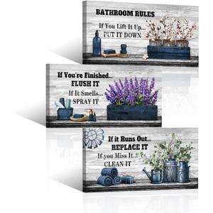 HOMEOART Bathroom Rules Wall Decor Farmhouse Bathroom Sign Toilet Rules Guest Bathroom Wall Art, Framed Art Pictures 8x16inchx3Pieces (Blue)