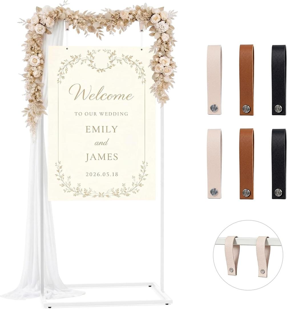 Wedding Welcome Sign Stand, 67" Tall Height - White Metal Sign Holder with 6 Leather Straps, Easel Stand for Seating Charts & Event Dcor