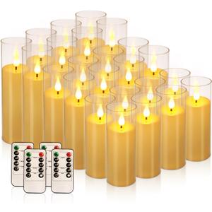 Flickering Flameless Candles Battery Operated with Remote and 2/4/6/8 H Timer Plexiglass Led Pillar Candles with Realistic Moving Wick Candles for Home Decor Pack of 24 (D2.2"xH 5"6"7")(Ivory)