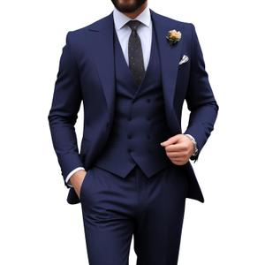 Mens Suit Slim Fit 3 Piece Double Breasted Suit Men Formal Tuxedo Set Casual Wedding Prom Groom Suits (Navy Blue, XL)
