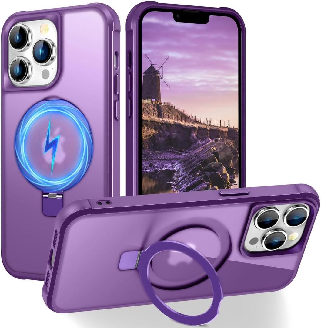 PIXIU Strong Magnetic for iPhone 13 Pro case Compatible with Mag-Safe, Built-in Invisible Stand,Military Shockproof Slim Protective Matte Phone Cover for iPhone 13 Pro 6.1"-Purple