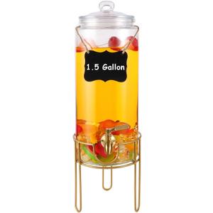 1.5 Gallon Drink Dispenser, Glass Beverage Dispenser With Stand, Drink Dispensers for Parties With Stainless Steel Spigot + Marker & Chalkboard 100% Leakproof. Perfect For Parties And Daily Use