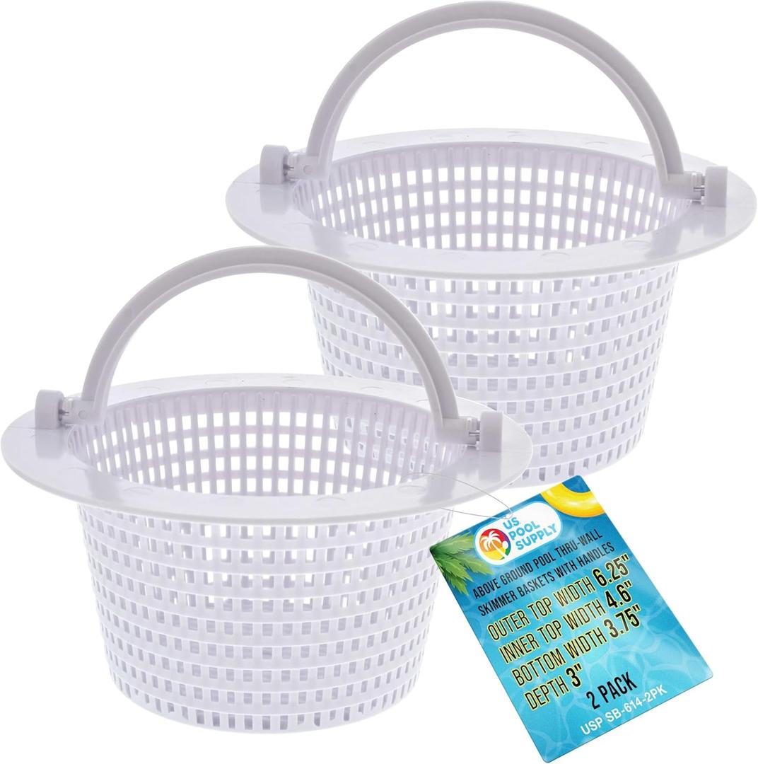 U.S. Pool Supply Above Ground Pool Thru-Wall Skimmer Baskets with Handles, 2 Pack - Swimming Pool Replacement Baskets - Standard Small Thru-Wall Size - Skim Remove Debris, Cleanout Leaves