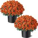 2 Sets Artificial Fall Flowers Topiary Ball Trees for Front Forch (Orange) with Pots, No-Installation, Faux Petunia with Eucalyptus, for Outside Front Door,  Each 17 inches in height and 17 inches in width