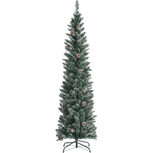 HAPPYGRILL 6 Feet Slim Pencil Christmas Tree, Snowy Artificial Xmas Tree with 267 PVC Branch Tips & 31 Pine Cones, Festival Celebration Tree for Home Office & Shop