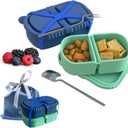 2 Pack Reusable Silicone Snack Containers with Lid, Strap, Spoon & Fork-2 Compartments Portable Mini ContainersSilicone Snack Storage Box for Picnic, Office, School(blue+green)