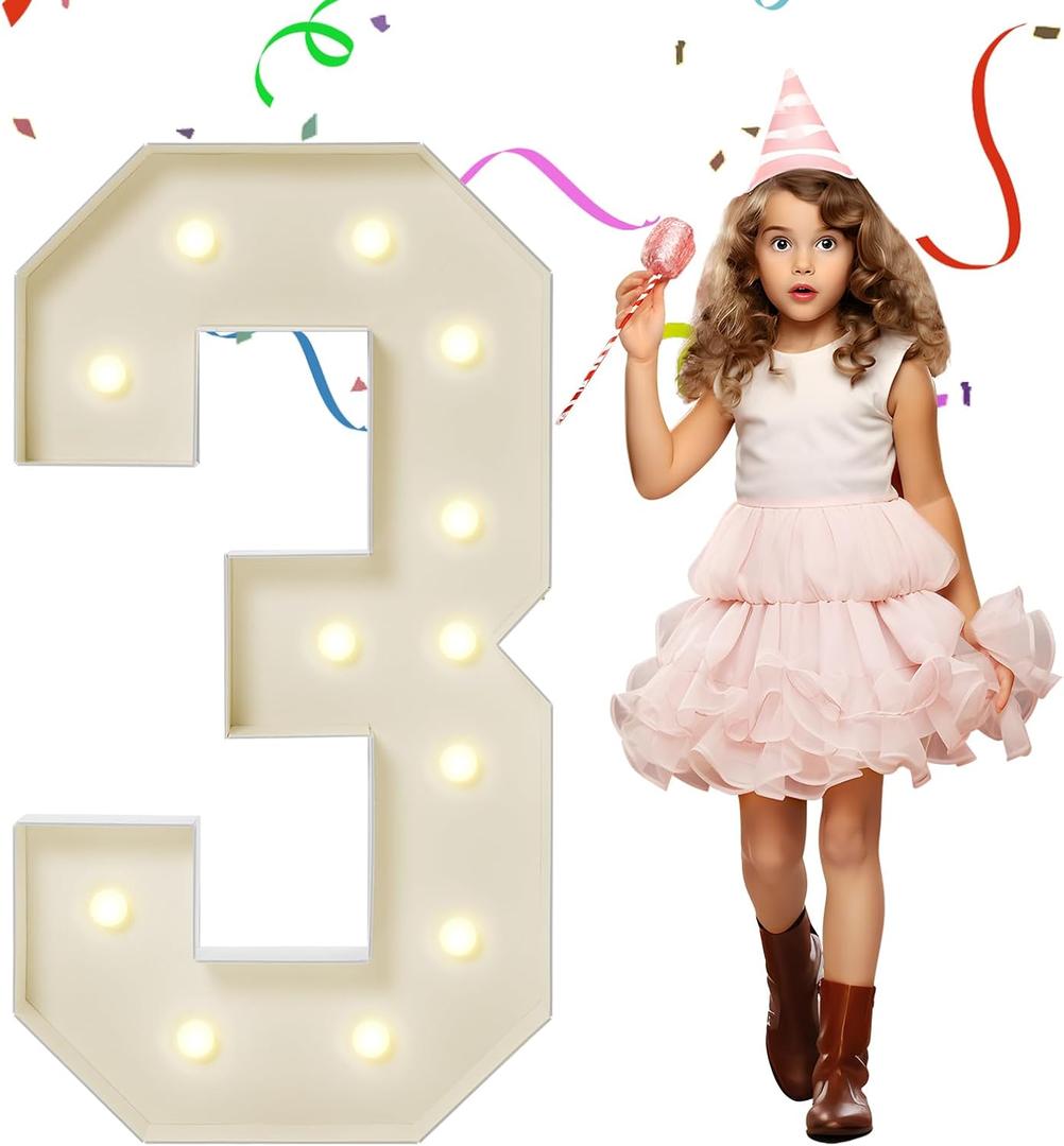 4FT Marquee Numbers, Large Light Up Numbers 3 for 3rd 13th 23th Birthday Party Decorations, Giant Light Up Number Anniversary Decor, 4 Feet Mosaic Number 3 with LED Lights DIY Kit