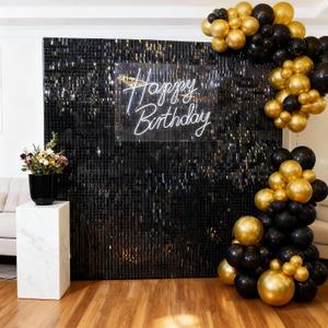 Black Shimmer Wall Backdrop 48 Pcs - 8x6ft Glitter Sequin Photo Booth Background for Wedding Birthday Party Anniversary Decor, Reusable & Easy to Install with Zip Ties Included