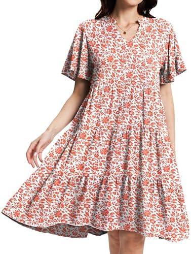 HeJoy Womens Casual Tiered Swing Midi Dress Ruffle Sleeve V Neck A Line Petite Summer Dresses with Pockets, Flower-rose-red-01 L