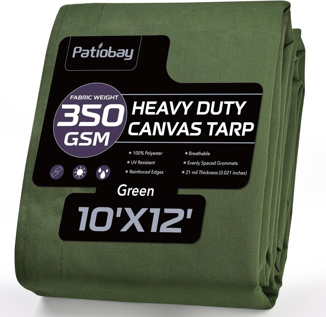 Canvas Tarp 10x12 Feet, 12 Oz Heavy Duty Water Resistant with Rustproof Grommets, UV Resistant, Multipurpose Outdoor Tarpaulin for Camping, Canopy, Woodpile, Trailer (Green)