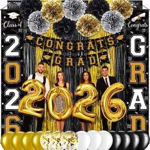 Graduation Party Decorations Class of 2026, Graduation Decorations with Congrats Grad Banner Fringe Foil Curtain Paper Flower Ball Balloon for High School College Graduation Party Supplies, Black Gold