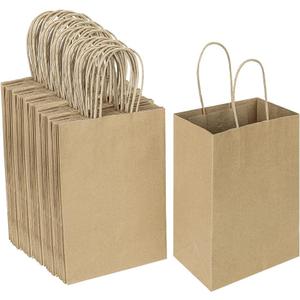 Oikss 100 Pack 5.25x3.25x8.25 Inch Small Plain Natural Kraft Paper Gift Bags with Handles Bulk for Birthday Party Favors Grocery Retail Shopping Business Goody Craft Bags Cub Sacks (Brown 100 Count)