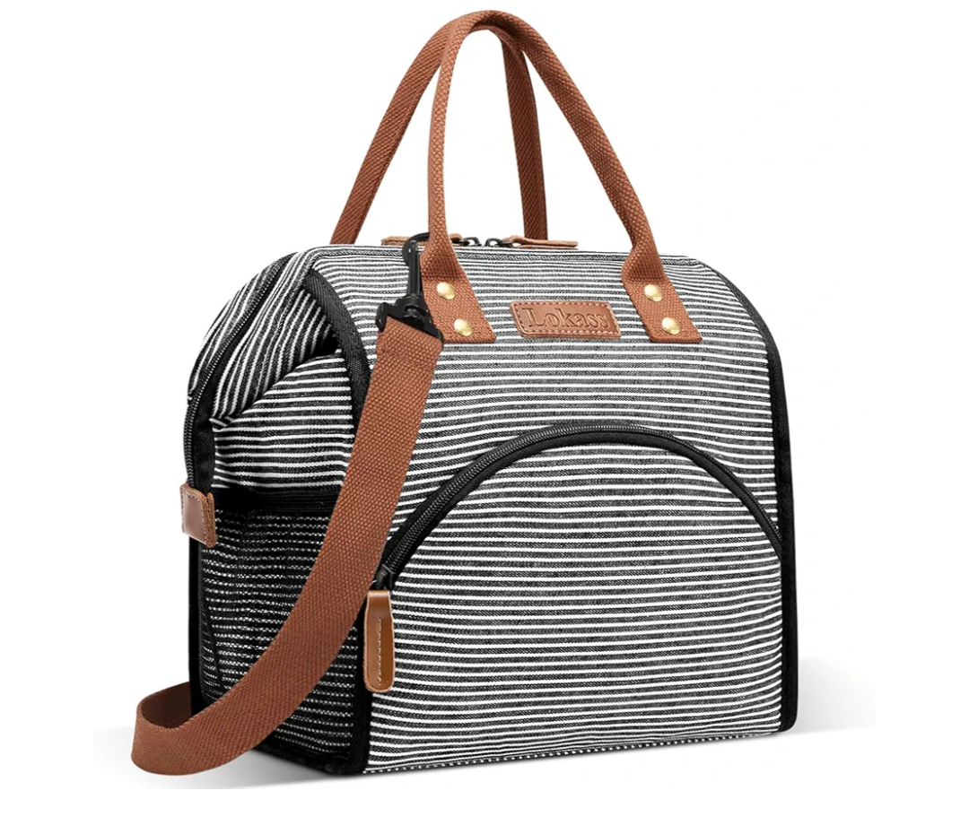 LOKASS Lunch Bag Insulated Lunch Box Wide-Open Lunch Tote Bag with Removable Shoulder Strap for Women/Men Adults Work Picnic Hiking Beach Fishing(Stripes)
