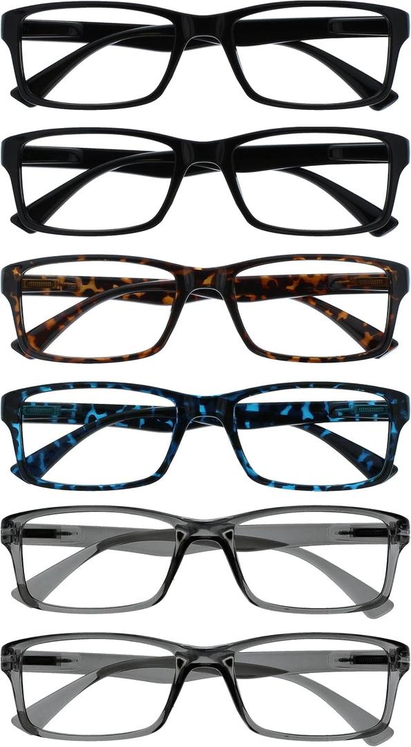 OPULIZE PEP Classic Reading Glasses for Women Men, Scratch Resistant Rectangular Frame with Spring Hinges, Black, Brown, Blue, Grey, +1 (Pack of 6)