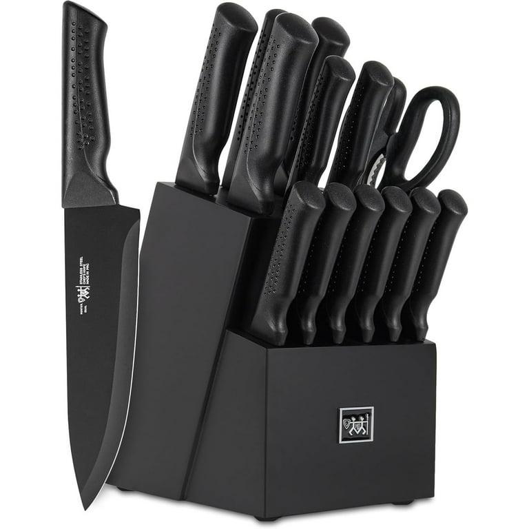 15 Pcs Kitchen Knife Set with Block Self Sharpening, Dishwasher Safe, 6 Steak Knives, Anti-slip handle, Black