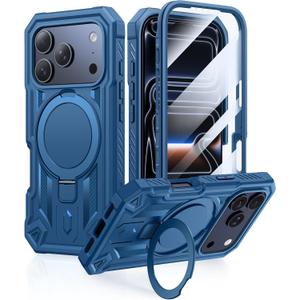 FNTCASE for iPhone 17 Pro Case: Magnetic Stand Case with Built-in Screen Protector Compatible with Magsafe | Ring Kickstand Military Grade Drop Protective Cell Phone Cover | Heavy Duty Cases (Blue)