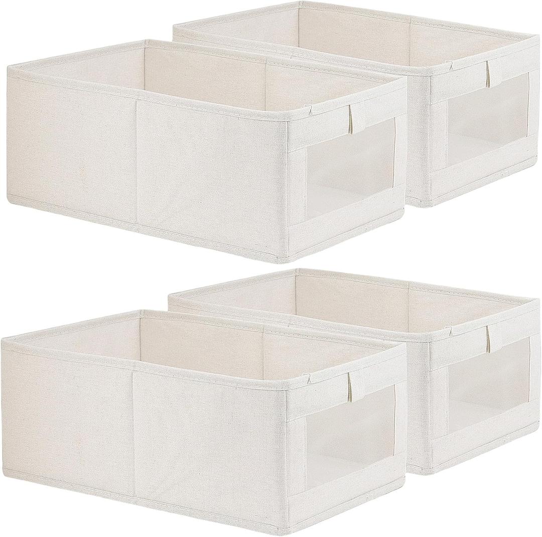4 Pack Linen Storage Bins, Storage Containers for Organizing Clothing, Jeans, Toys, Books, Shelves, Closet, Wardrobe - Closet Organizers and Storage, Large Storage Boxes Baskets with Window