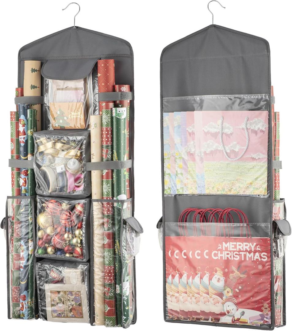 Wrapping Paper Storage, Gift Wrap Organizer Holder Double-Sided Hanging Gift Bag Storage Organizer (Grey)