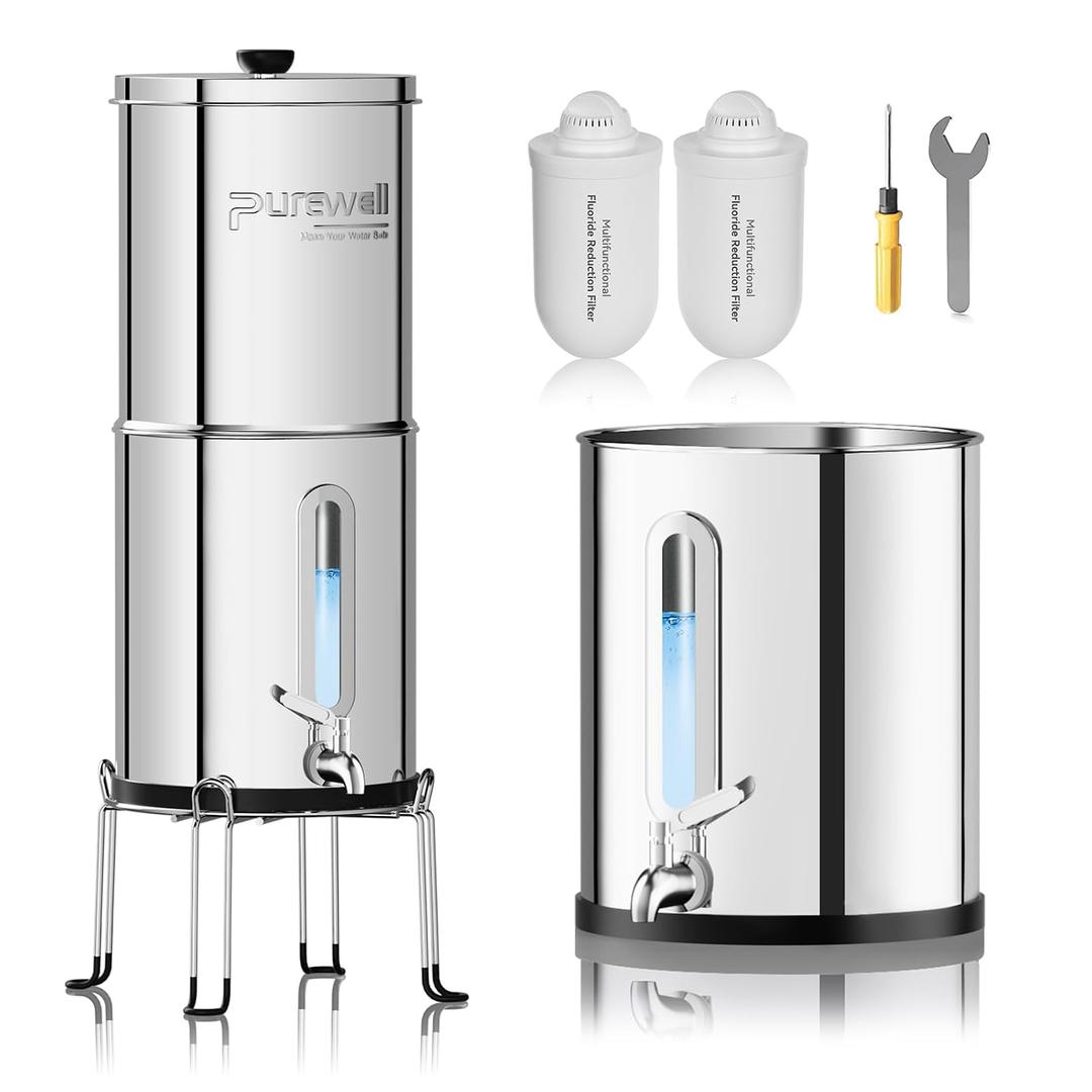 Purewell Upgraded 9-Stage Gravity Water Filter System with Water Level Window, 0.01m Ultra-Filtration Countertop System with 2 Filters and Stand, Reduce Fluoride & Chlorine, BO-FL-2.25G