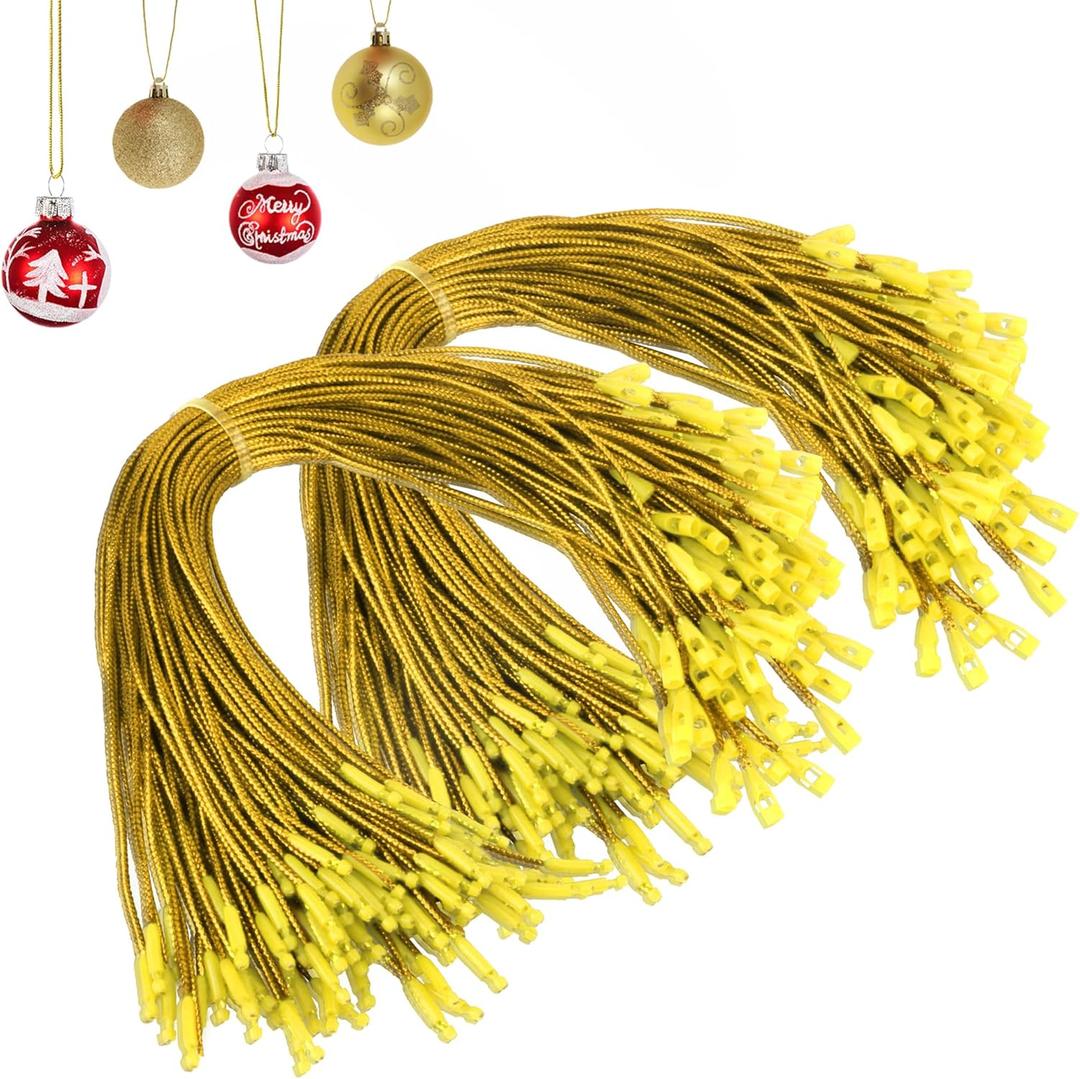 Christmas Ornament Hangers String 200 Pcs Ornament Hooks Ornament Anchor Gold Ribbon Precut Hanging Ropes with Snap Fasteners for Christmas Tree Thanksgiving Holiday Party Hanging Decoration
