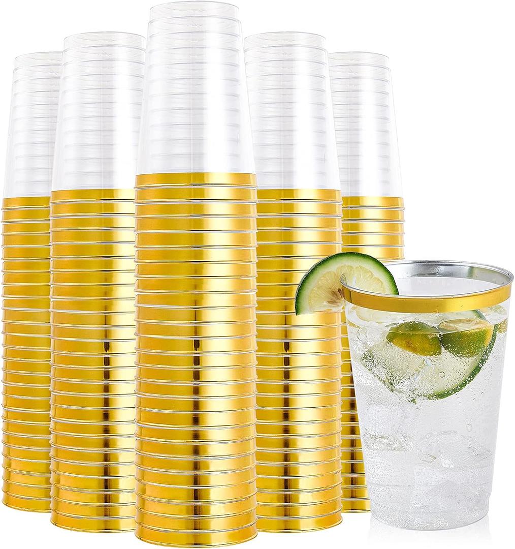 FOCUSLINE 200 Pack 12 oz Gold Rimmed Plastic Cups, Clear Plastic Cups Tumblers, Heavy-duty & Fancy Disposable Hard Cup 12 Ounce with Gold Rim for Wedding Cup Elegant Party Cups (Gold Rimmed Cups)