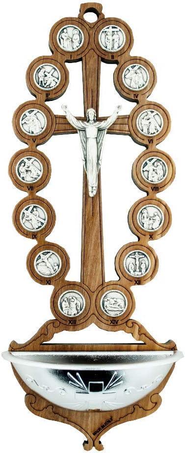 VILLAGE GIFT IMPORTERS Olive Wood Stations of The Cross Holy Water Font (Beaded-Style)
