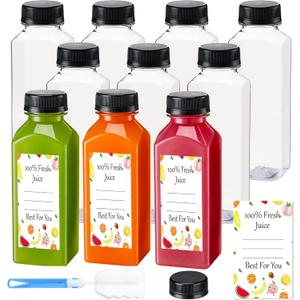 BOOMIBOO Juice Bottles with Caps 10Pcs 12oz, Plastic Bottleswith Caps, Clear Reusable Water Bottle, Used for Juicing Bottles, Smoothie Bottle, Juice Containers - with 10Pcs Labels & Bottle Brush Transparent