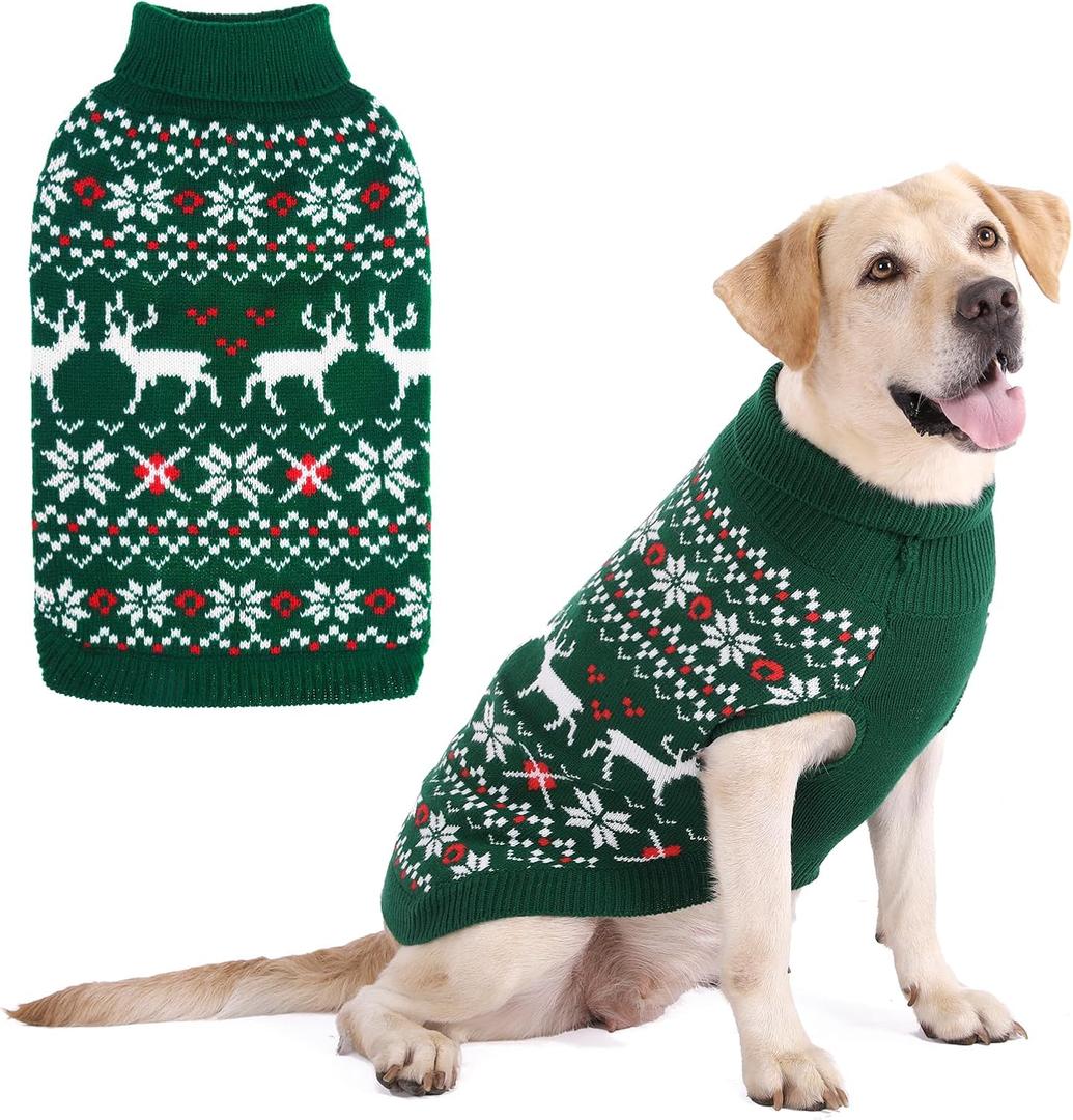 KOOLTAIL Christmas Dog Sweater, Cold Weather Pullover Classic Knitwear, Reindeer Snowflake Pattern Thick Warm Winter Pet Clothes, Cable Knit Sweaters for Small Medium Large Dogs Boy Girl, Green L/XL